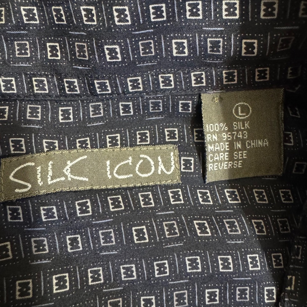 100% Silk SILK ICON Mens Short Sleeve Geometric Square Print Button Down Shirt L - Picture 3 of 10